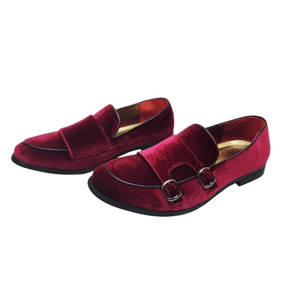 Cosidram Mens Red Velvet Double Monk Strap Loafers dress Shoes Size 8 - Picture 7 of 12